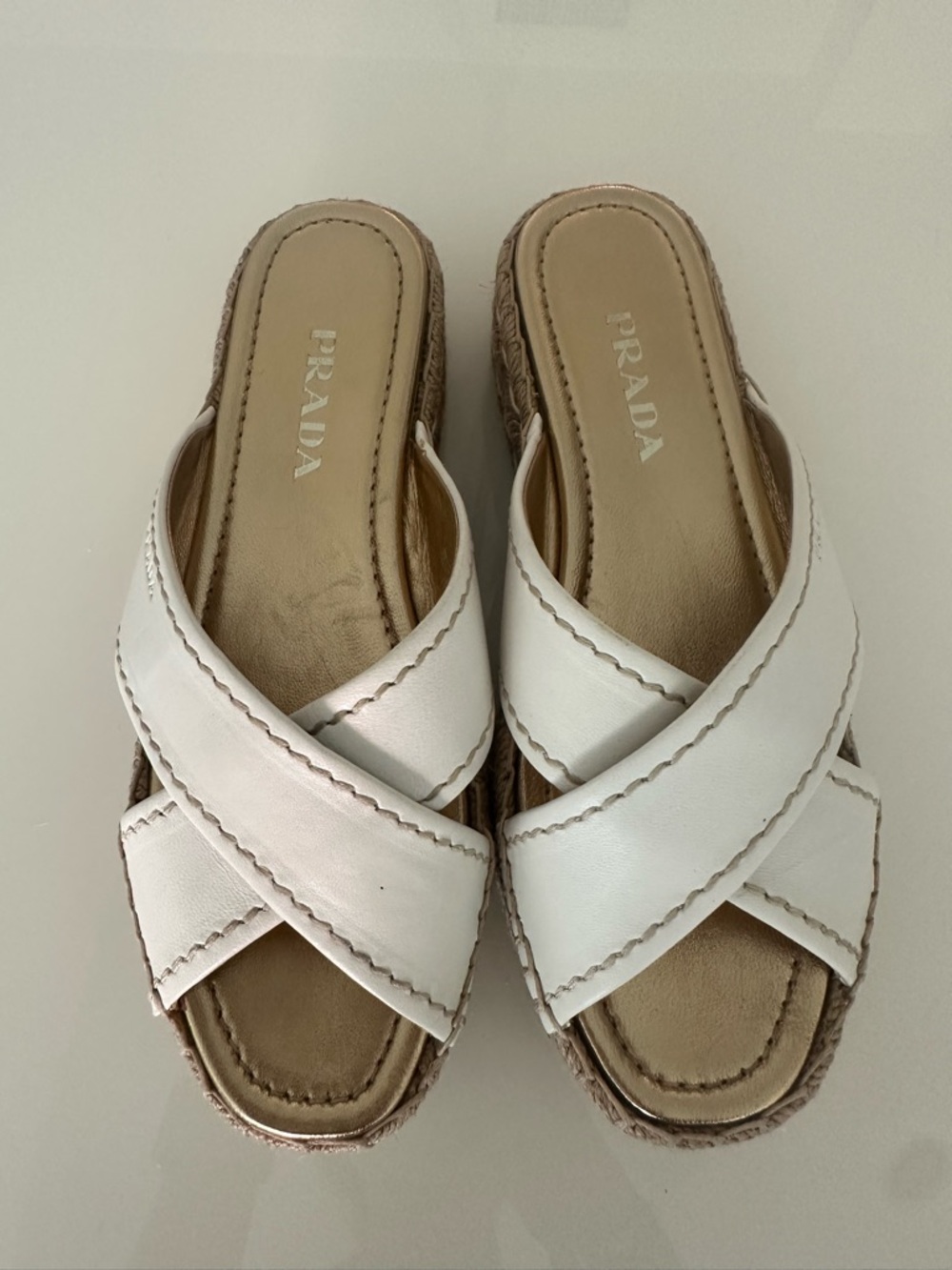 AUTHENTIC Prada White Leather Cross-Band Espadrille Slides